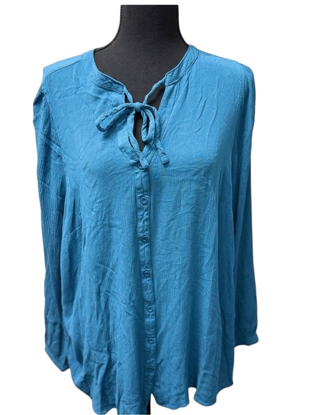 Torrid Blue Tie Neck Blouse Size 2 Plus Size Flowy Boho Peasant Top Shirt